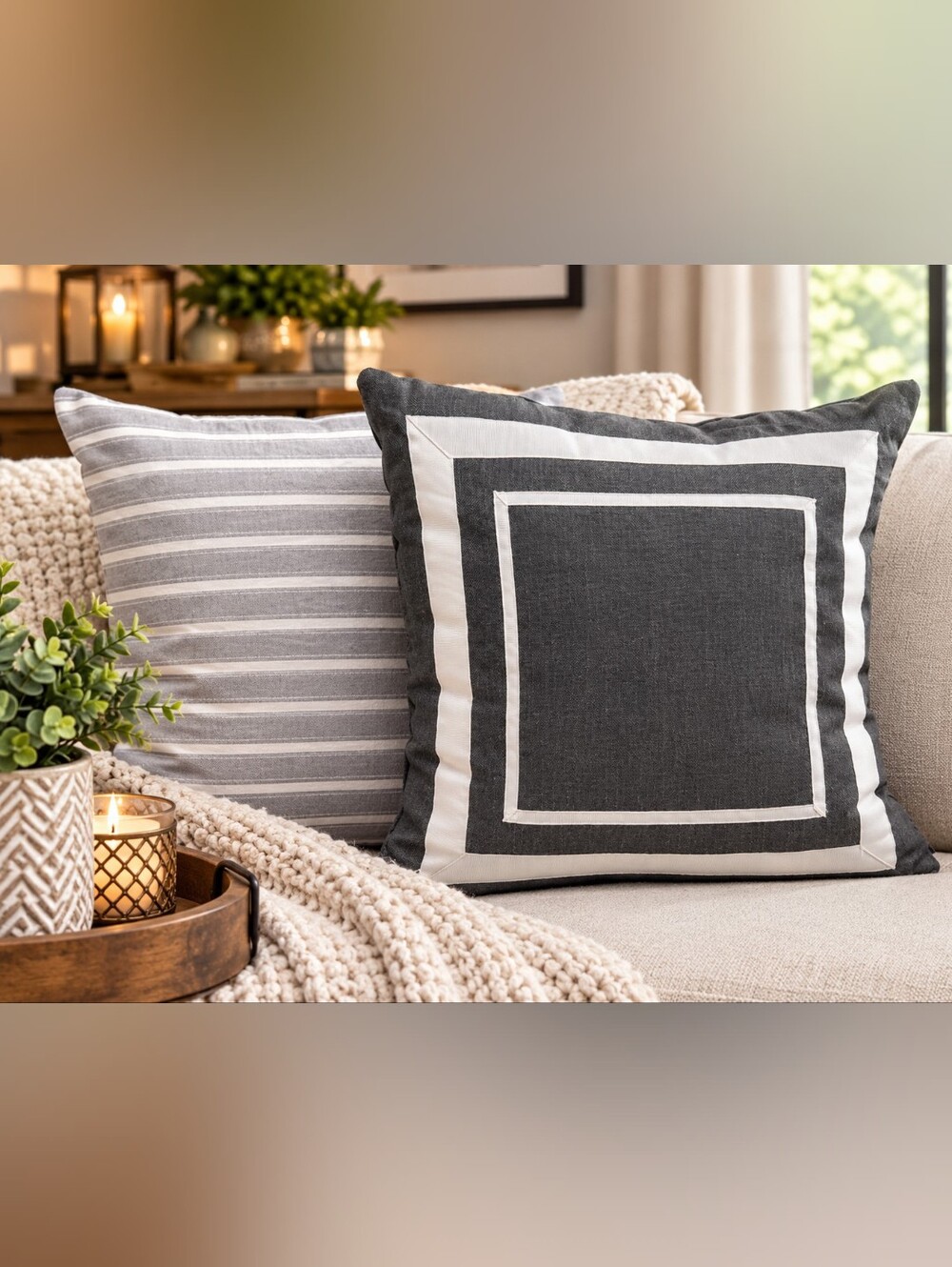 New Set of 2 Modern Gray & White Decorative Throw Pillows (16x16 & 18x18)